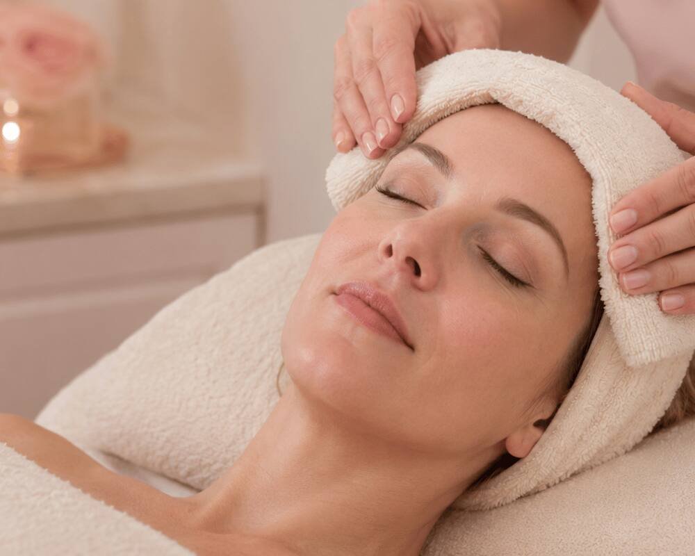 Client receiving a gentle Age Defence Sensitive Facial at re:new Hair & Beauty in Woodhall Spa