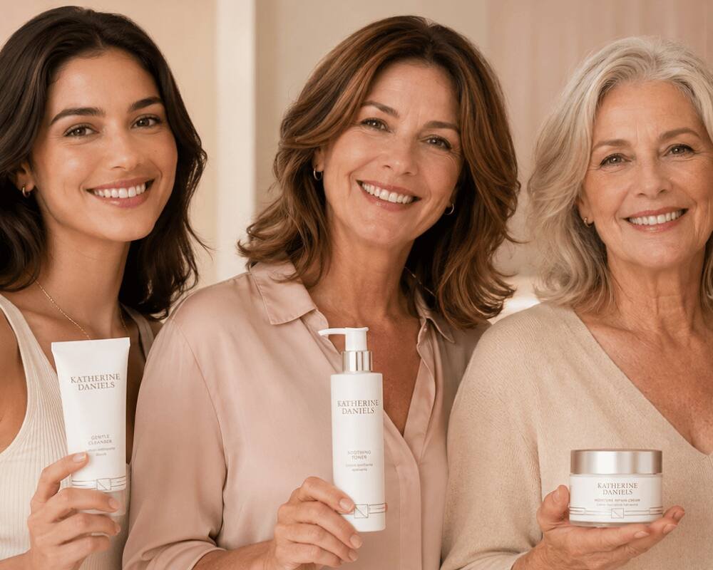 Women of different ages holding skincare products for the Radiant Skin for Life Club at re:new