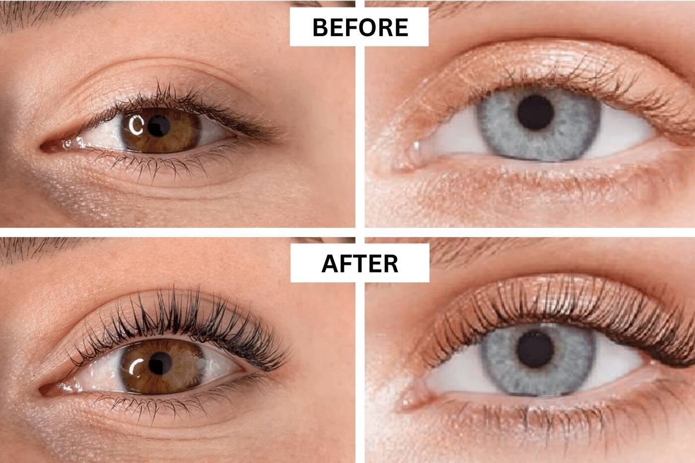 Before-and-after comparison showing natural lashes lifted, lengthened and darkened with an LVL lash treatment