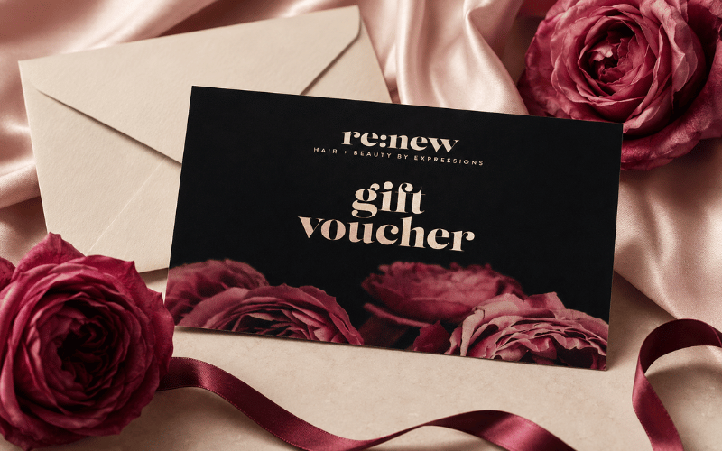 re:new Hair and Beauty gift voucher with burgundy roses and blush satin in Woodhall Spa