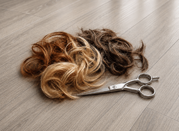 Cut hair and hairdressing scissors on the floor at re:new Hair & Beauty