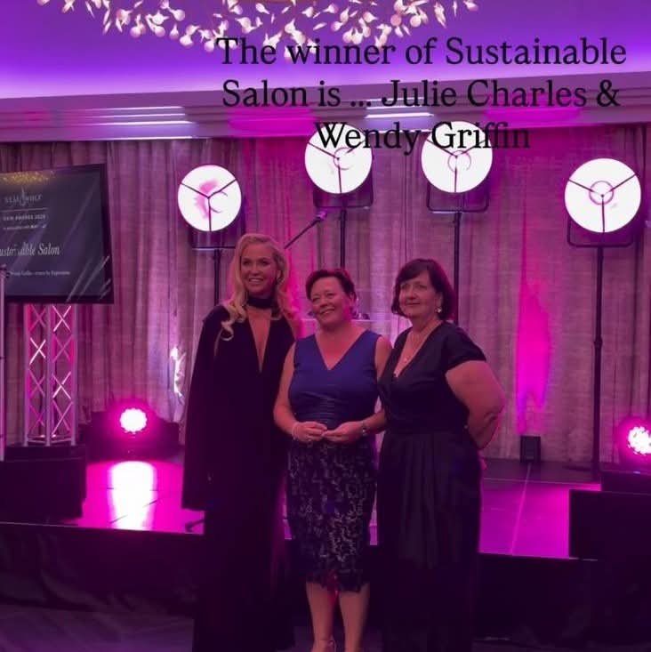 Julie and Wendy of re:new Hair & Beauty receiving the Sustainable Salon Award at the Neal & Wolf Hair Awards 2026